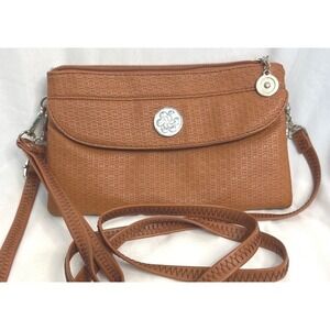 Angelkiss Cognac Brown Vegan Leather Textured Crossbody Bag Multi-Pocket Purse